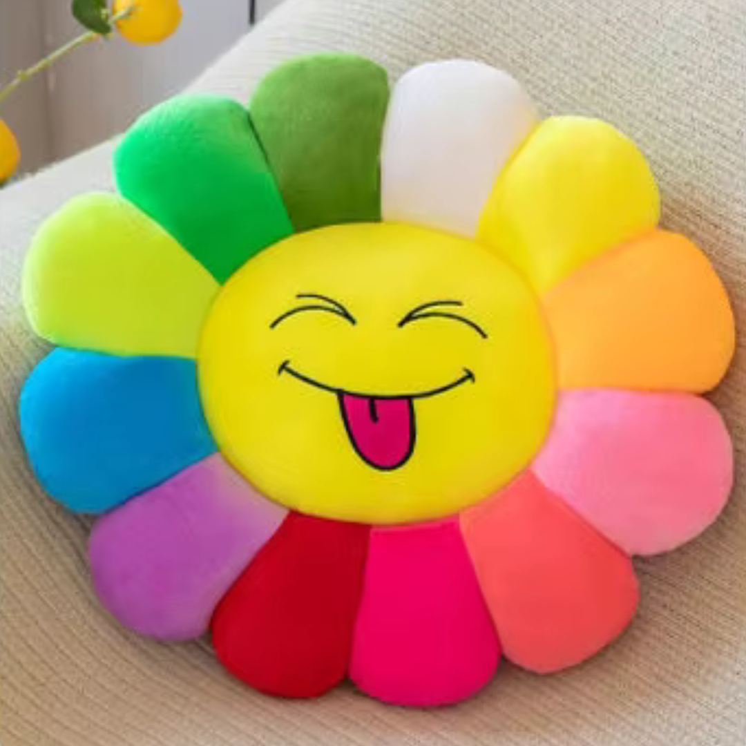 Playful Smiley Sunflower Plush Cushion – Cozy Soles